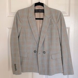 Zara Blue Plaid Suit Jacket Blazer and ankle pants